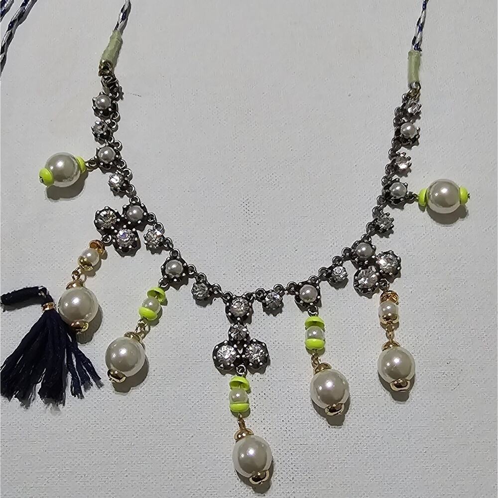 J. Crew Statement Bib Necklace Faux Pearl Crystal Neon Yellow Navy Tassel Boho